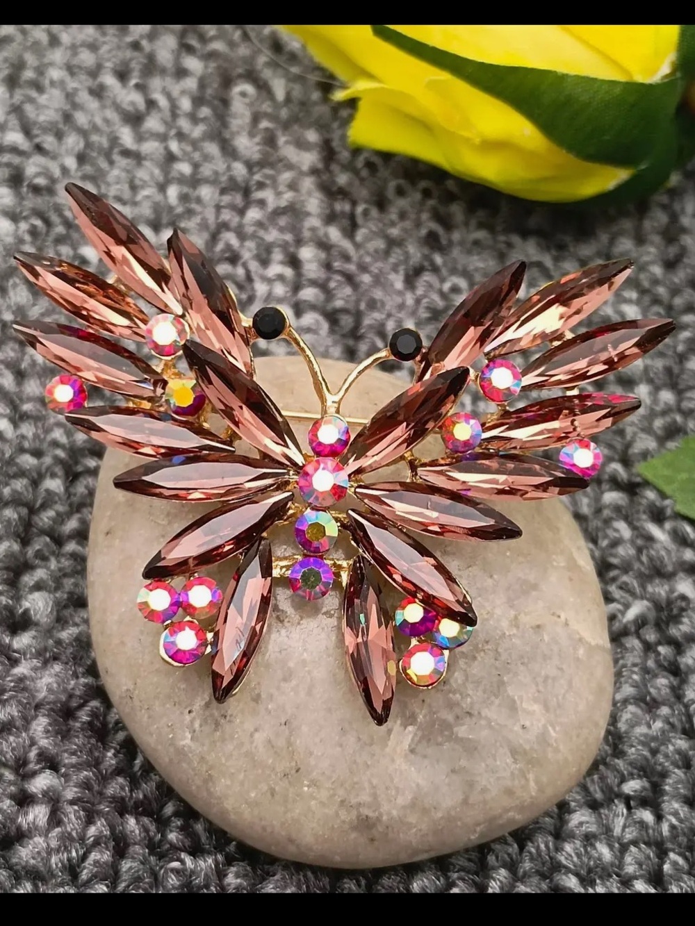 Pink Crystal Gold Tone Butterfly Brooch NWT